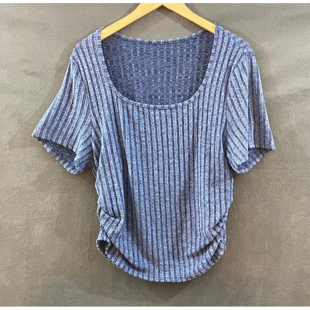 Shein Curve Top Ribbed Knit Ruched Side Scoop Neck Blue Marl Casual Plus 3XL